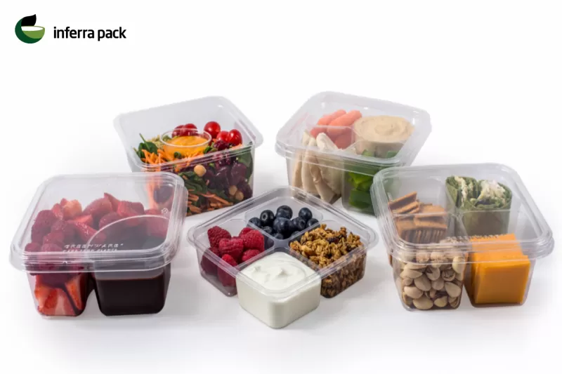 Disposable food service containers To-Go. Food packaging PLA with compartments.