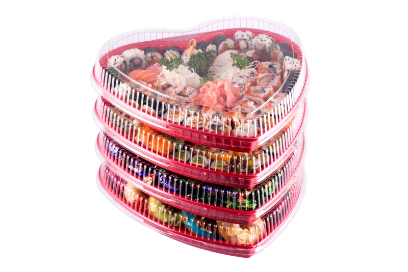 Valentine's Day heart shape packaging and sushi party platters