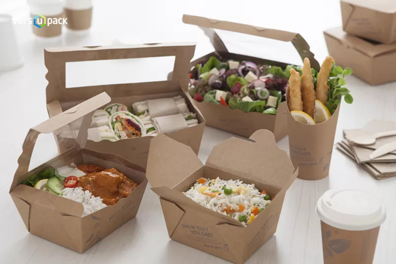Disposable paper kraft boxes with a window, craft packaging for salads and food Eco containers.