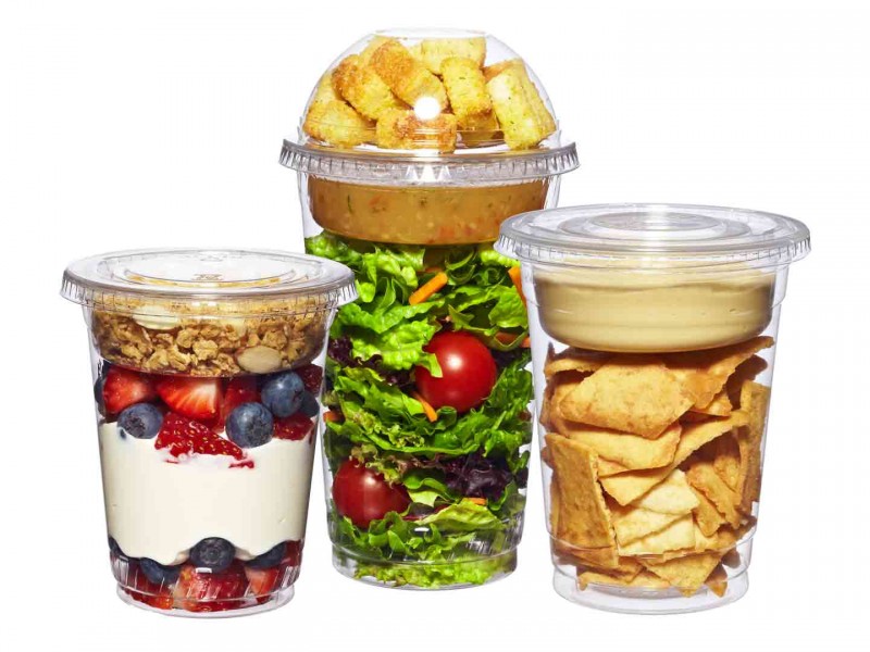 Disposable cups for snacks and cup inserts for granola and sauces