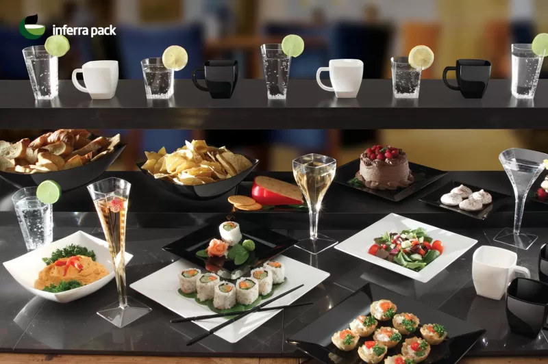 Disposable plastic tableware, disposable wine glasses and champagne flutes, catering disposables