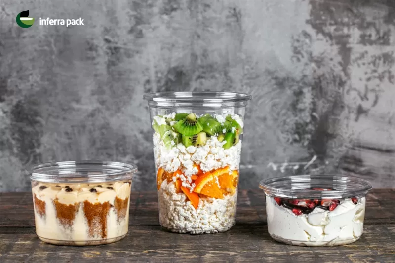Disposable food containers and packaging for salads, desserts, cottage cheese and healthy food.